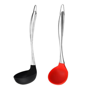 Silicone Soup Spoon Non-Stick Heat Resistant Scoop with Stainless Steel Hollow Handle