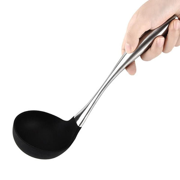 Silicone Soup Spoon Non-Stick Heat Resistant Scoop with Stainless Steel Hollow Handle